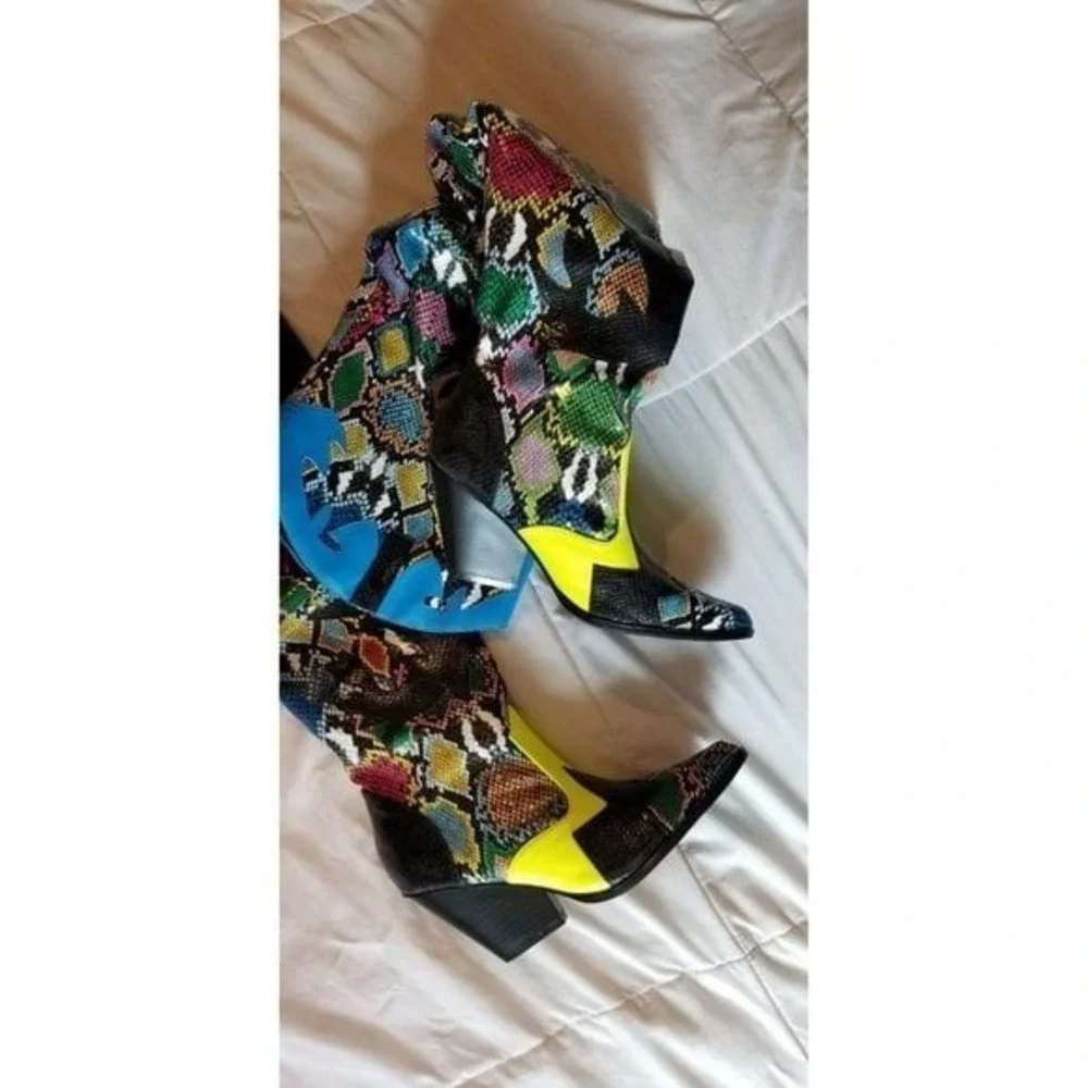 Snakeskin Print Cowboy Boots Western Neon‎ Yellow Accents Trendy Colorful